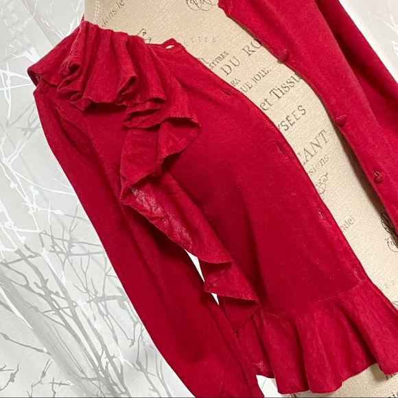 Red Valentino red knit button down ruffle cardigan sweater top - Picture 4 of 11